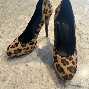 Pelle Moda leopard print/ fur heels.